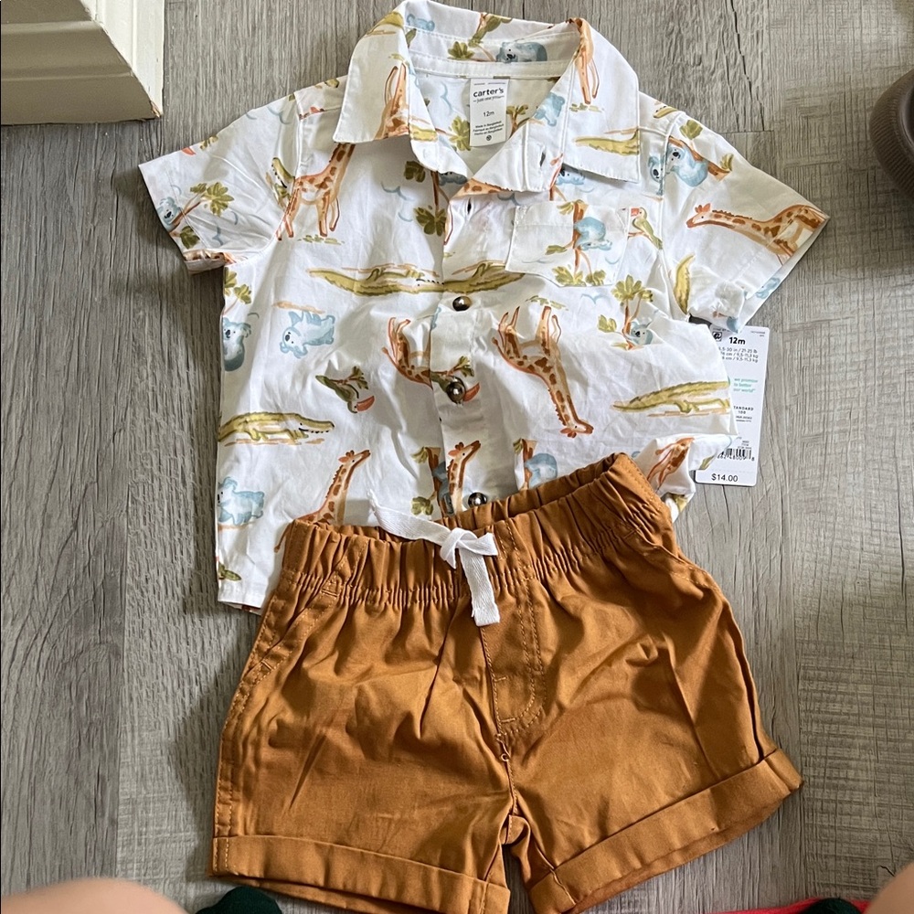 Cat & Jack White Safari Print Shirt and Tan Shorts Set